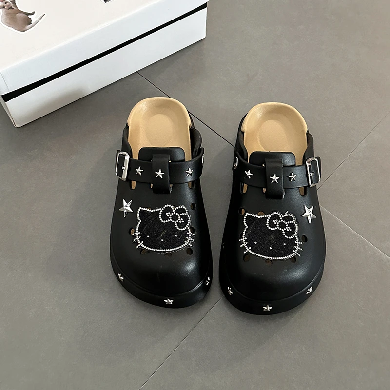 可爱卡通小猫洞洞鞋女2025春季新款外穿厚底增高凉鞋包头拖鞋潮新