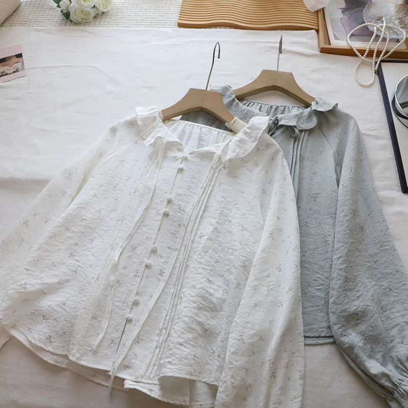[比正]2026早春新韩版甜美减龄荷叶边碎花系带显瘦长袖衬衫女5899