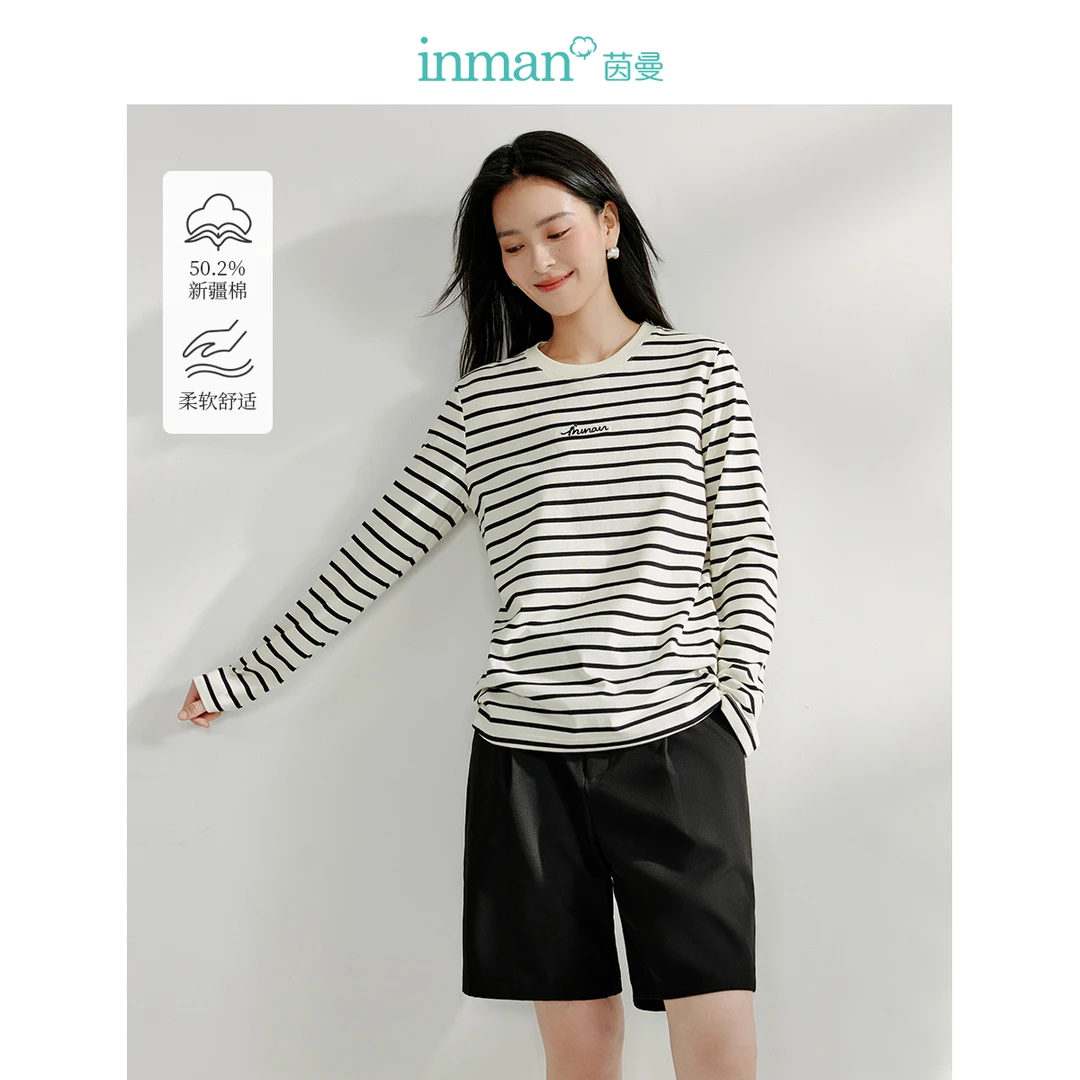 【年终狂欢季】茵曼春季棉质长袖经典条纹T恤休闲百搭圆领打底衫女