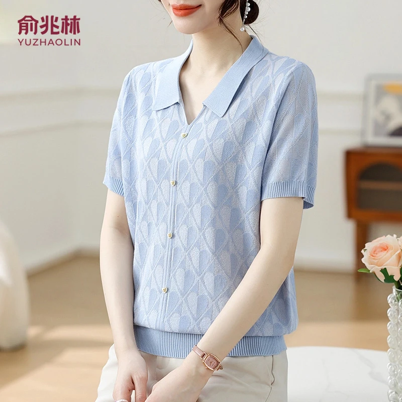 2025新款夏季冰丝凉感气质减龄透气百搭针织小衫短袖中老年妈妈装