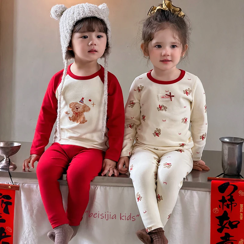 2026儿童新年款红色秋衣秋裤套装男女童睡衣宝宝打底家居服本命年