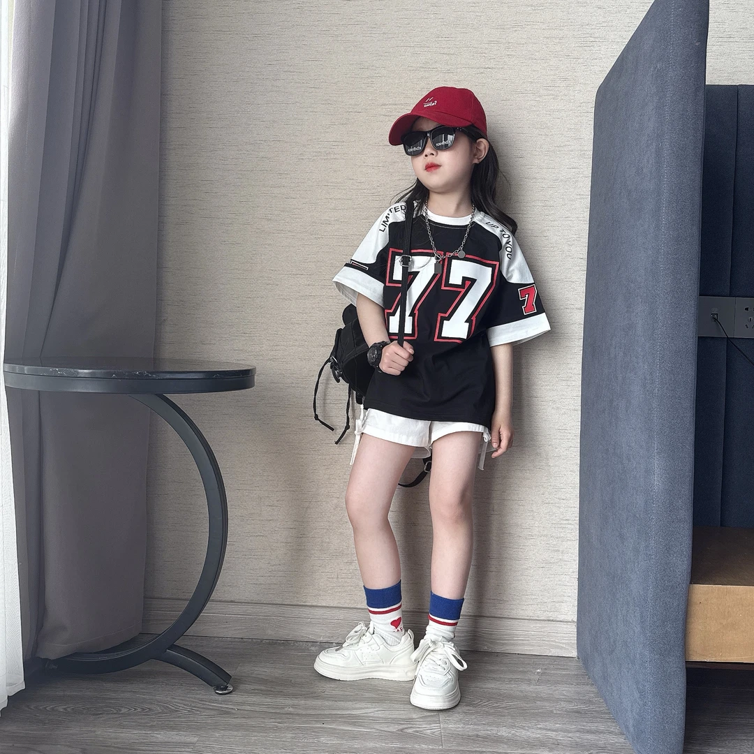 女童韩版洋气中长款大版落肩袖短袖T恤裙子中大童百搭T恤衫潮