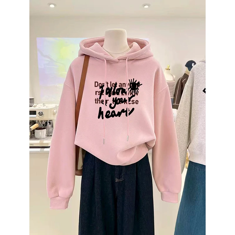 粉色短款连帽卫衣女2025秋冬新款时尚爆款加绒加厚洋气设计感上衣