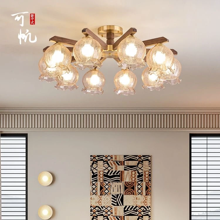 全铜黑胡桃木中古风客厅吸顶灯法式复古兰铃花卧室餐厅吊灯高级感