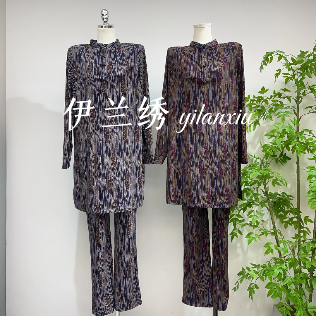 新款条纹大码气质妈妈巴服套装长袖