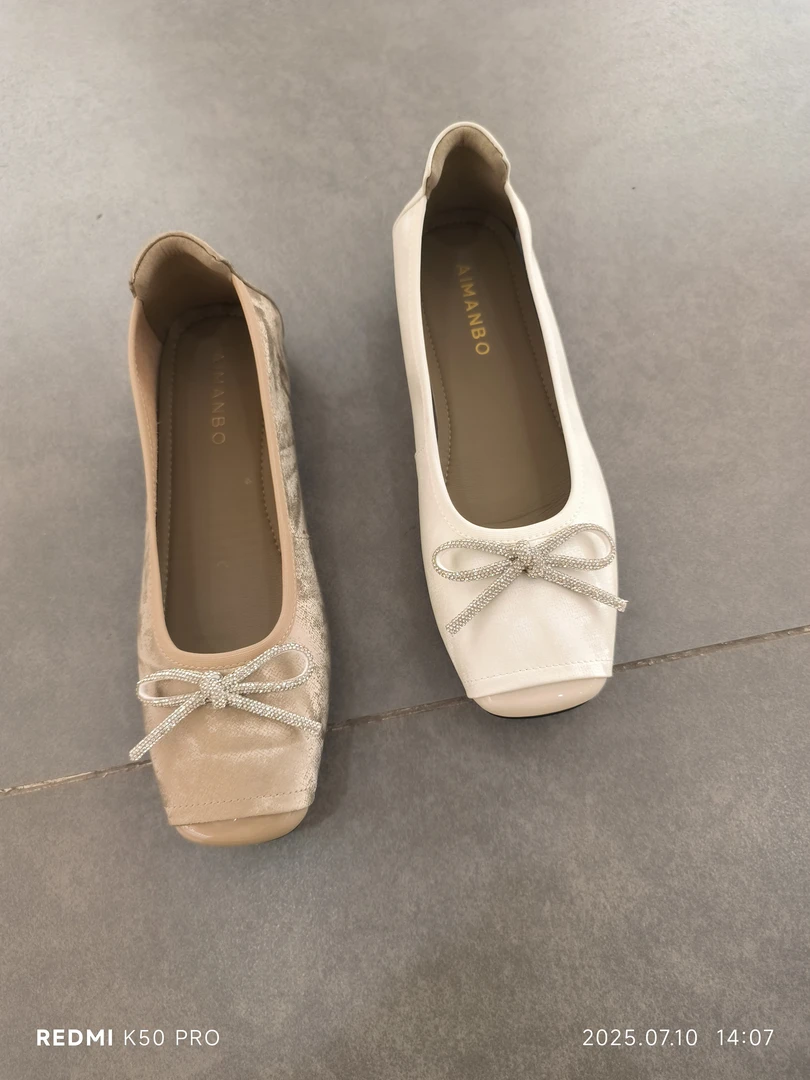 单鞋浅口蝴蝶结25夏季修面皮低跟平底修面纯色水钻