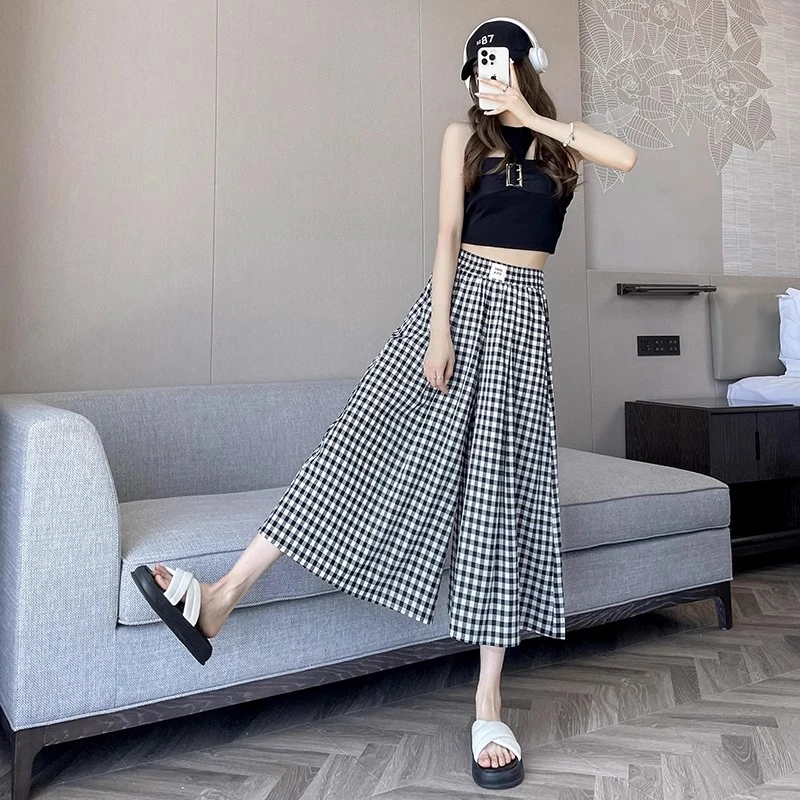 黑白格子裤女夏季薄款2025新款百搭高腰八分显瘦直筒宽松阔腿裤裙