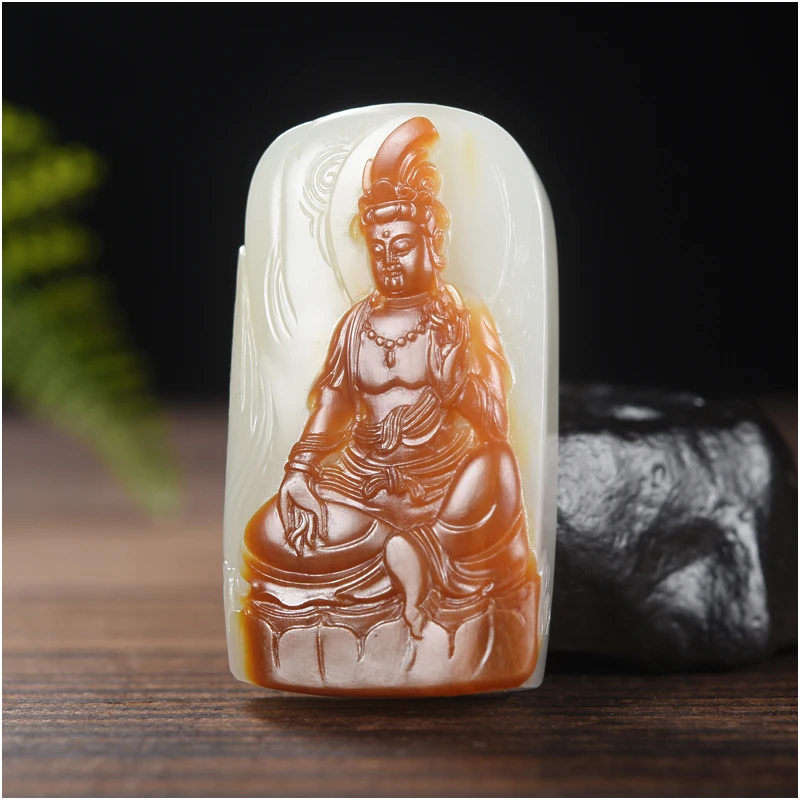 玉石缘【观音56g】新疆和田玉白玉红皮籽料精品男女款挂件吊坠