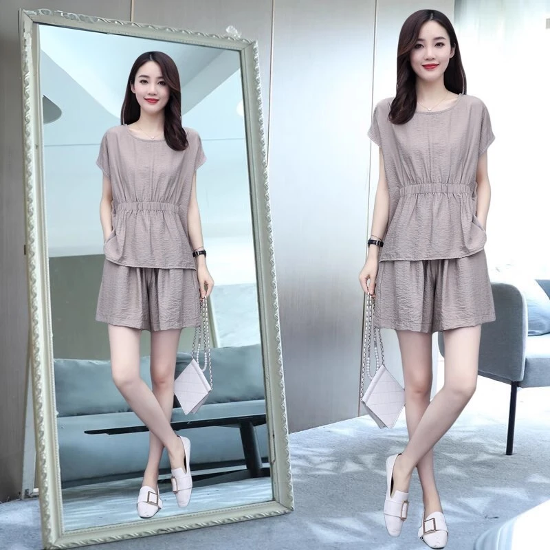 时尚大码棉麻套装女夏季收腰显瘦短袖T恤宽松休闲阔腿短裤两件套