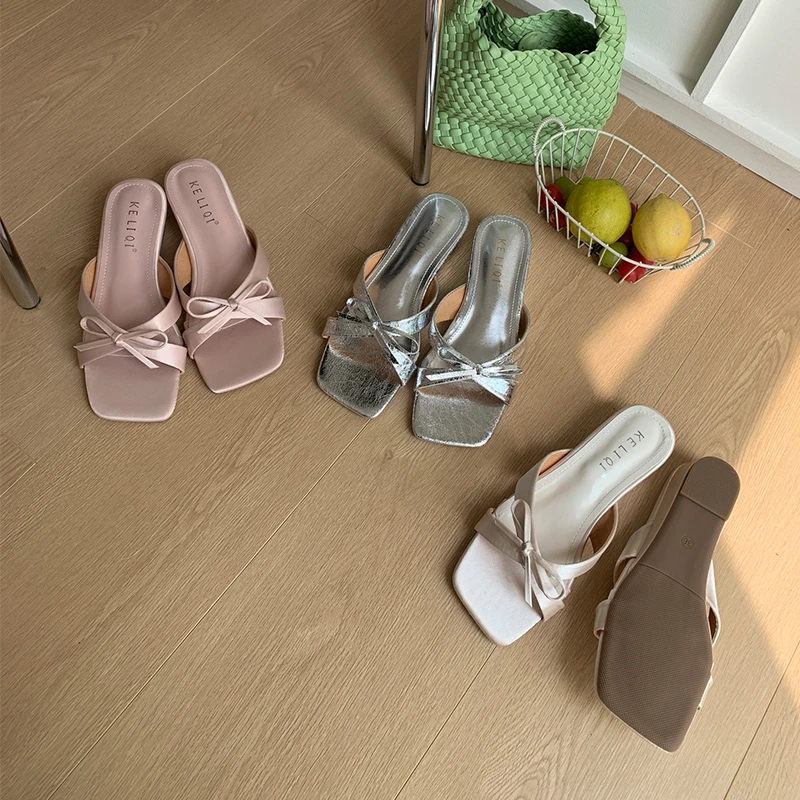 仙女风方头交叉一字拖鞋女气质蝴蝶结配裙子凉拖百搭露趾坡跟凉鞋