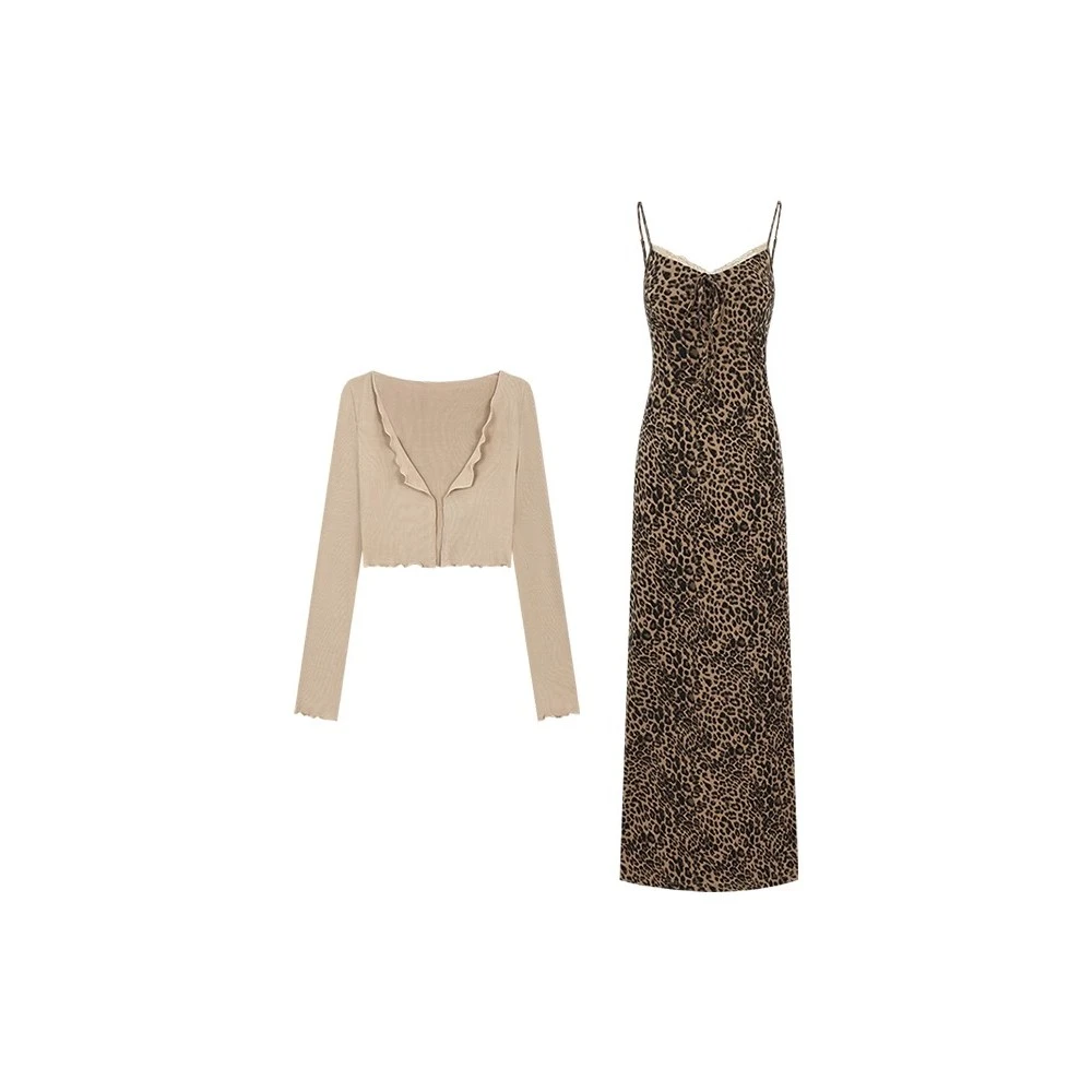 M132复古豹纹吊带连衣裙夏纯欲性感御姐包臀显瘦时尚长裙纯色开衫