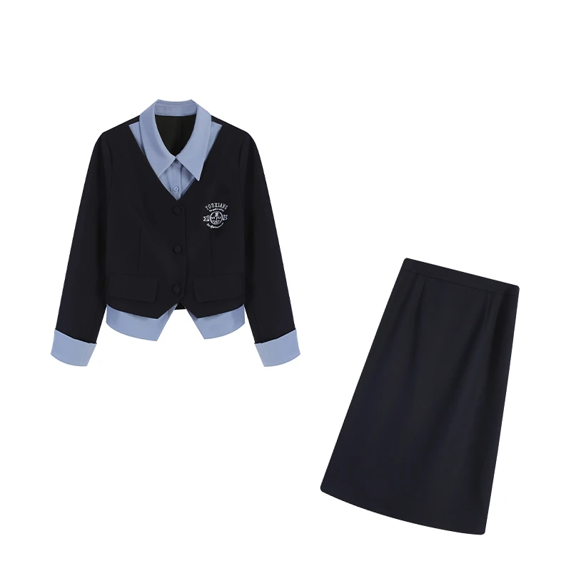 大码胖妹学院风减龄假两件款式上衣遮肉显瘦半身裙两件套ZL103159