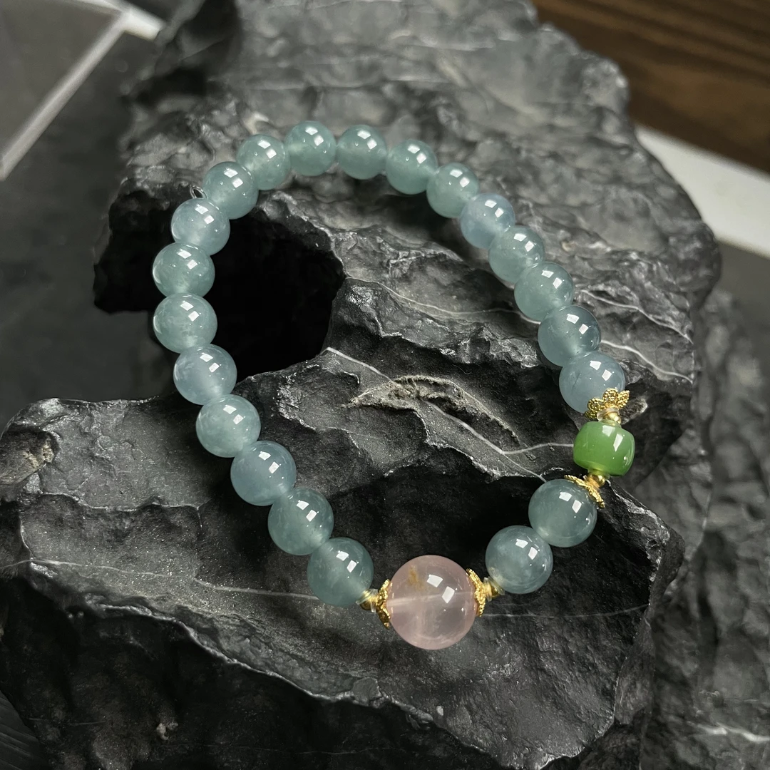 【濯青莲】高冰翡翠苹果绿碧玉胶花粉水晶手串 KT25060426