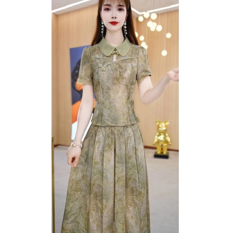 【上下套装】夏季新款POLO领设计感新中式优雅两件套套装裙M-4XL