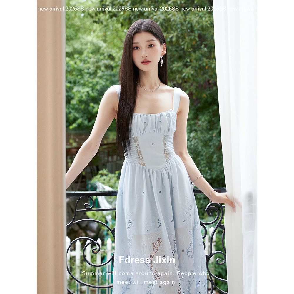 Fdress寄信/法式复古浅蓝色定位刺绣收腰显瘦气质精梳全棉连衣裙