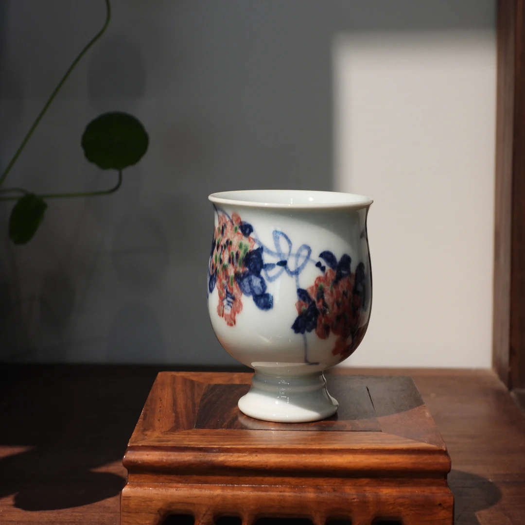 易炎窑原创手工手绘气窑高温原矿青花釉里红色差放漏小号主人杯