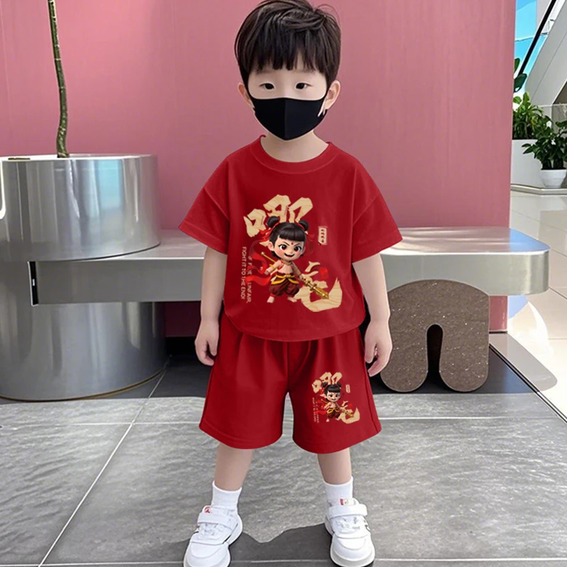 哪吒衣服儿童夏季套装2025新款男童女童纯棉短袖五分裤宝宝两件套