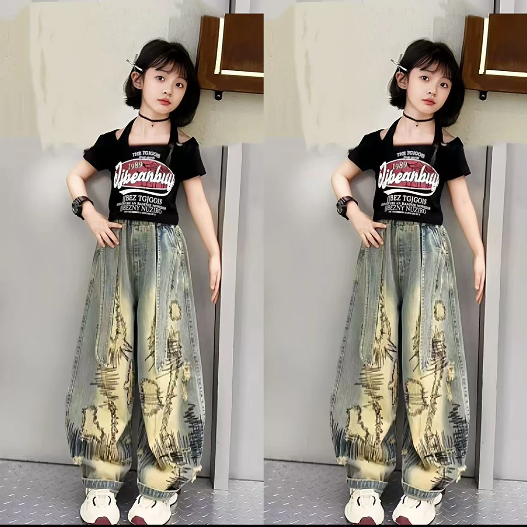 女童裤子2025新款中大童儿童春夏短袖T恤牛仔裤休闲弯刀裤两件套