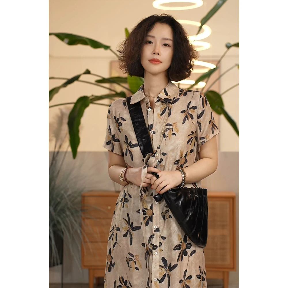 Y【叭哒不惑】映画 铜氨复古印花连衣裙女时尚宽松减龄裙子