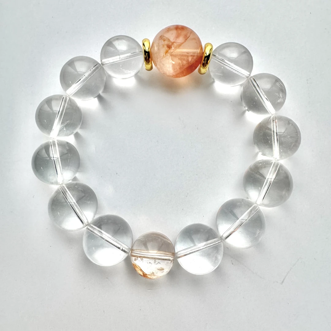 天然白水晶配红胶花手串 13-14MM /S5302