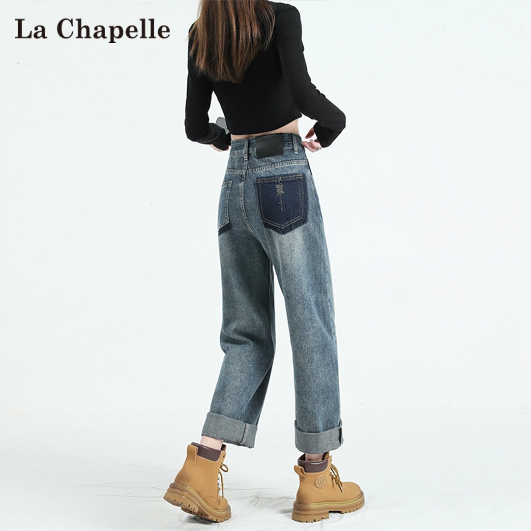 拉夏贝尔复古撞色法棍牛仔裤女秋季2025新款卷边窄版直筒烟管裤子