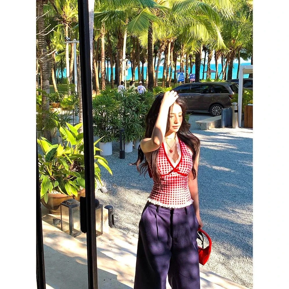 蝴蝶结格子短款挂脖背心女夏季修身内搭蕾丝拼接辣妹美背外穿上衣