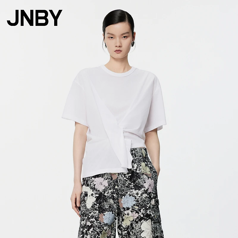 JNBY/江南布衣夏T恤女褶皱感棉混纺宽松纯色圆领短袖5O6114460