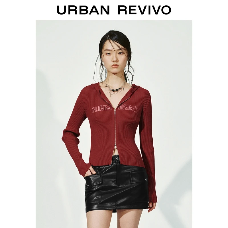 UR2025冬季新款女装潮流字母印花连帽短款针织开衫UYV950116