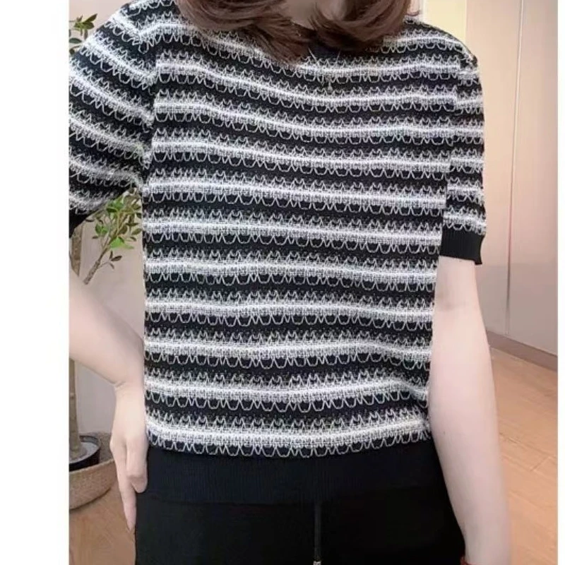 2025夏季新款黑白撞色条纹短袖肌理感针织女款T恤上衣49356