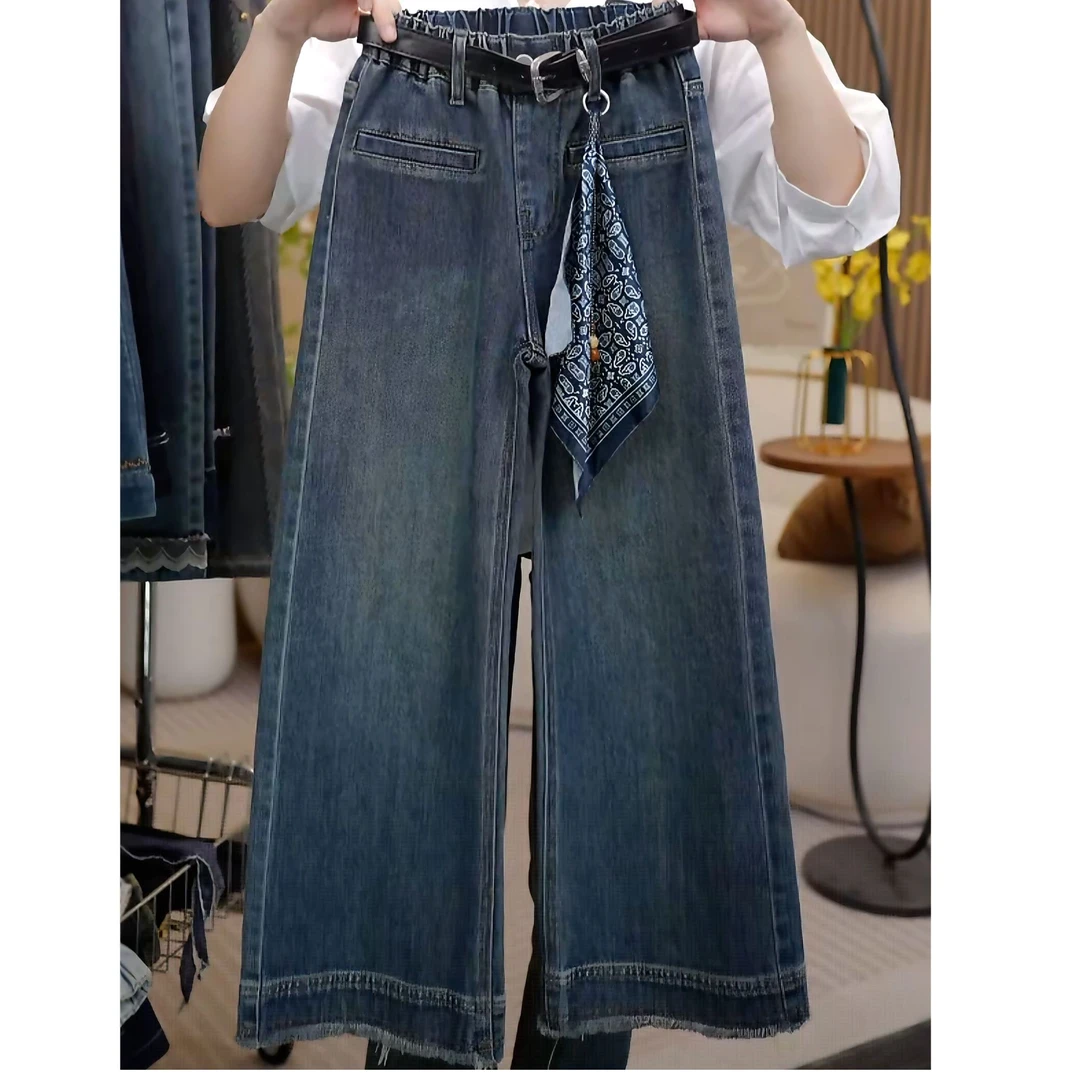 女童2025秋季新款个性洋气长裤时尚百搭口袋高腰花边阔腿牛仔裤