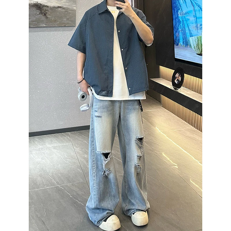 美式复古格纹衬衫短袖男夏季薄款少年感潮牌宽松休闲半袖衬衣外套