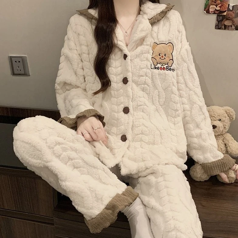 5度！珊瑚绒睡衣女冬季加绒加厚爆款2025新款保暖可外穿家居服套装