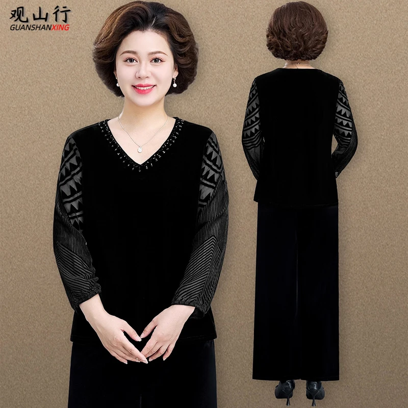 大码长袖t恤女装妈妈秋装2025新款时尚v领金丝绒中老年人衣服春秋