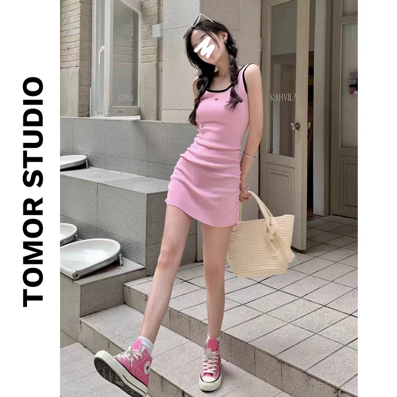 高级感粉色辣妹显瘦针织背心连衣裙女夏季新款包臀短裙 A77