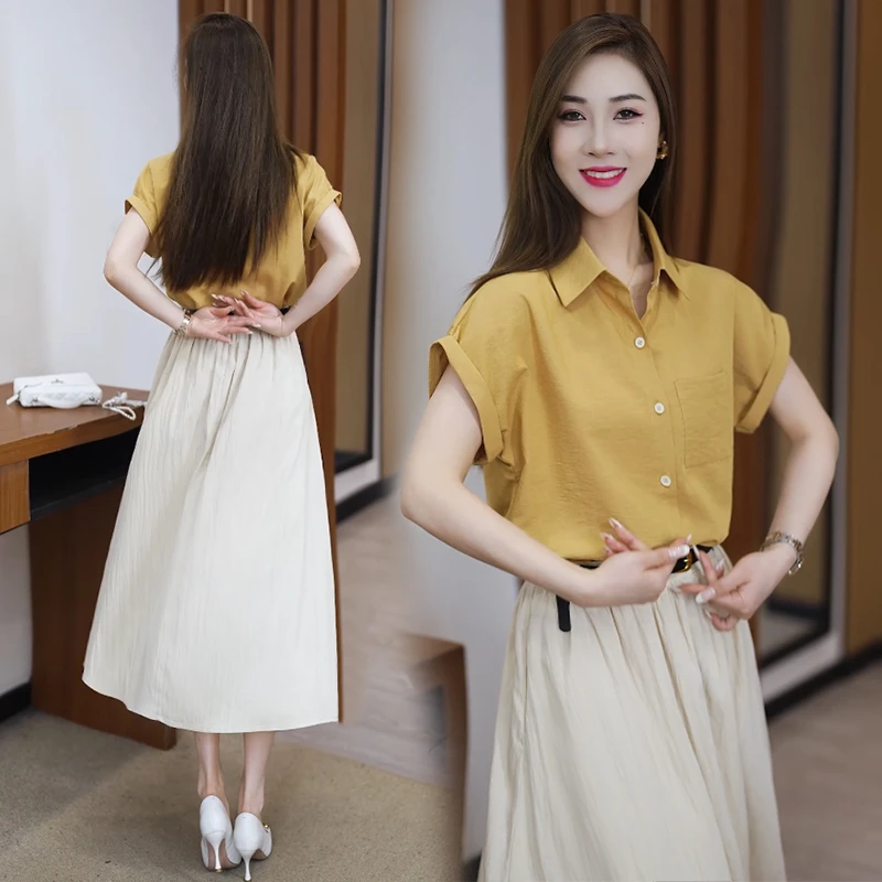 2025夏季新款女装休闲时尚套装女短袖衬衫A字半身裙气质两件套潮