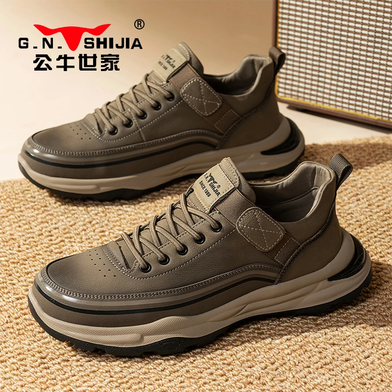 公牛世家男鞋新春防滑耐磨英伦复古休闲皮鞋男旅游厚底黑色运动鞋