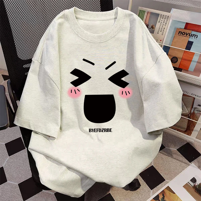 趣味可爱表情白灰色百搭短袖t恤女纯棉2025宽松卡通印花上衣体恤