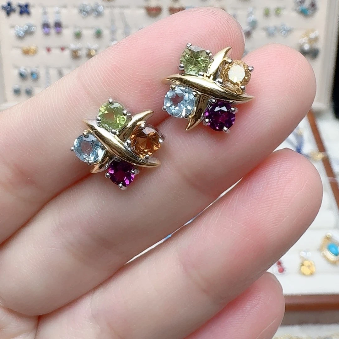 石榴石耳饰银S925镶嵌多宝