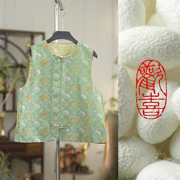 【日暮春山】25春夏新品桑蚕丝提花宋锦绿色新中式马甲F07037A09