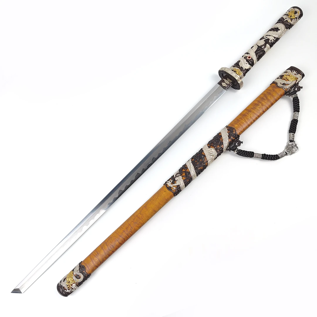 【11】潜龙在渊金丝楠木鞘黄铜三色装饰自炼花纹钢夹钢刀身不开刃