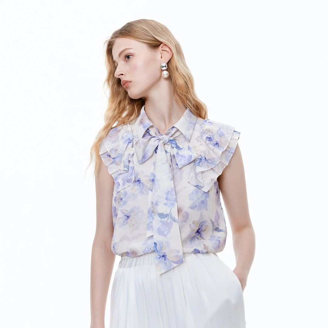 MISS COCOON可可尼雪纺印花宽松上衣2025夏季新款系带无袖衬衫女