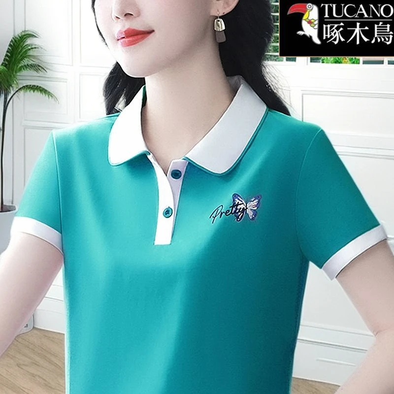 啄木鸟中年减龄印花T恤女2025年新款夏季显瘦拼色短袖高级感上衣