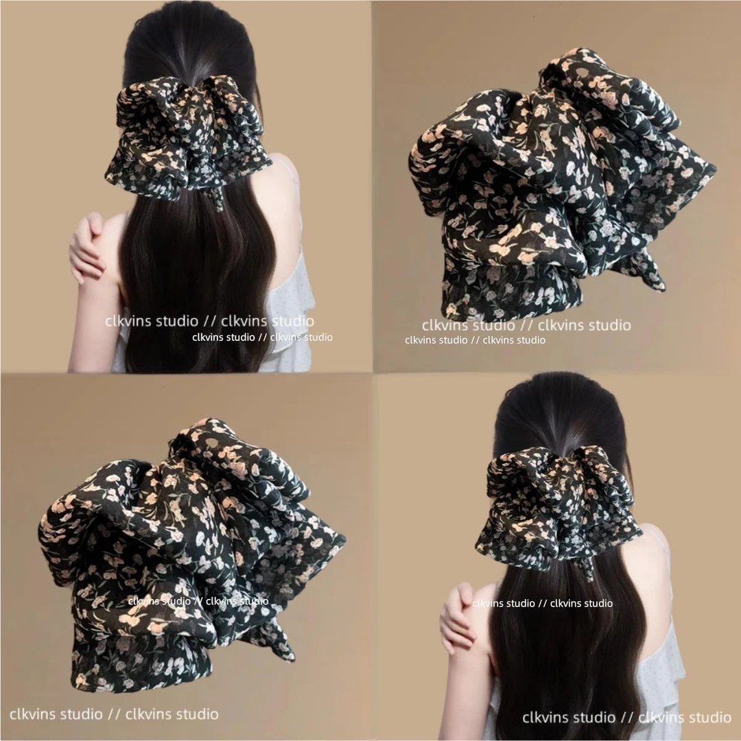 优雅碎花蝴蝶结马尾夹新款感甜美印花后脑勺抓夹精致半扎发夹
