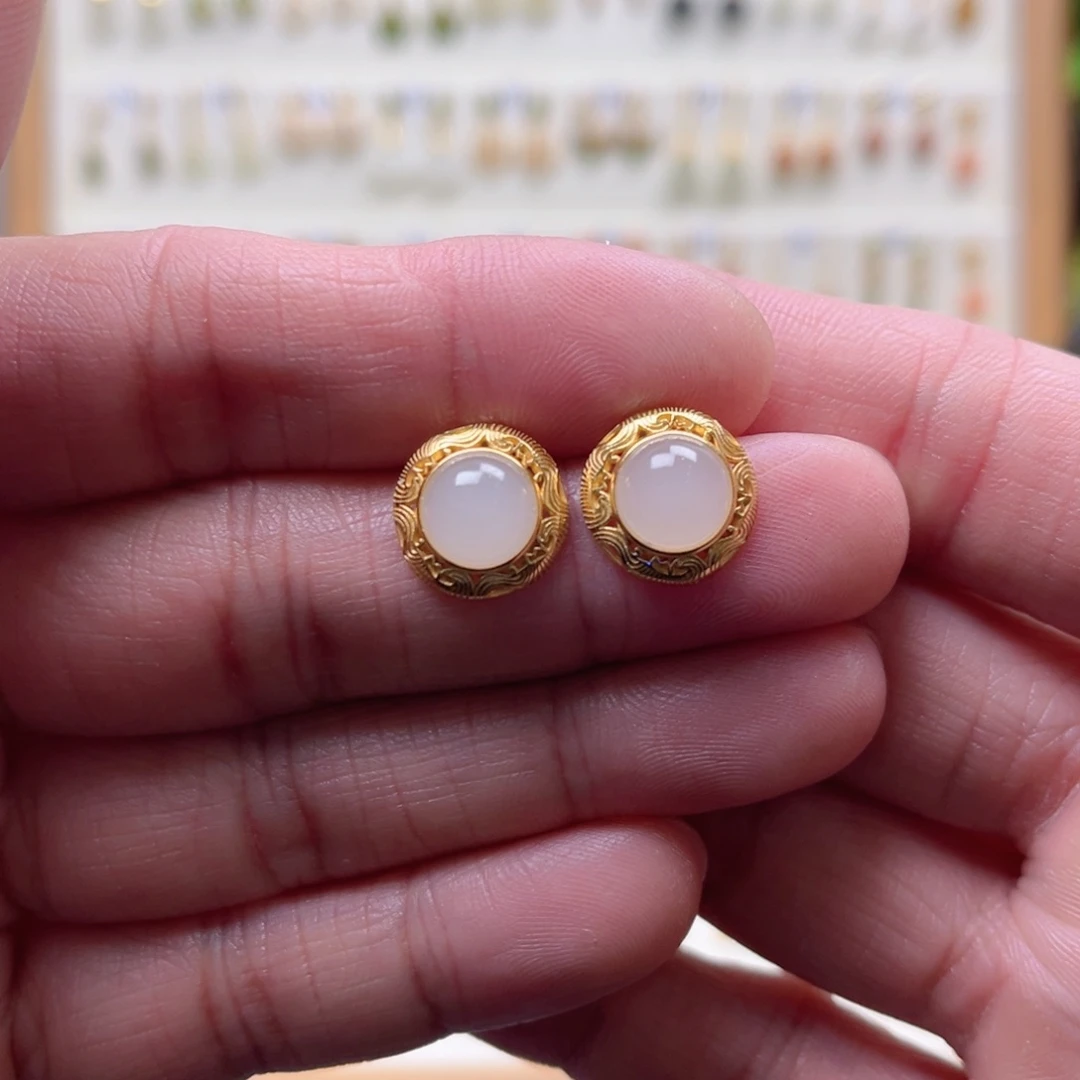 和田玉银S925镶嵌耳饰