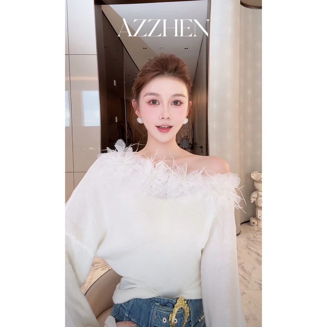 AZZHEN【繁花世界】羽毛拼接斜肩针织仙气温柔打底AZ5NBS11-ZS