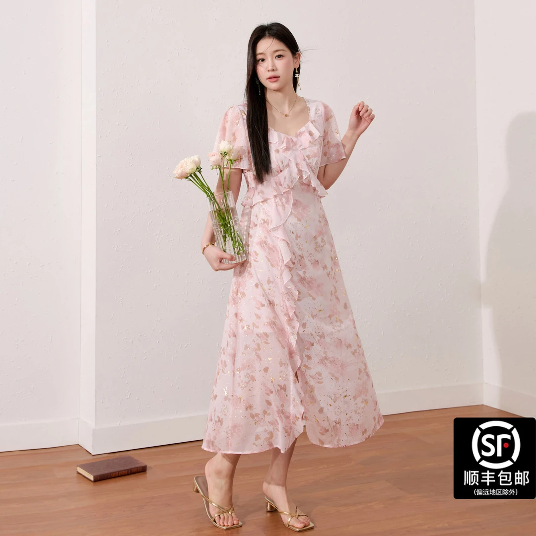 蓝语大码法式温柔风粉色雪纺碎花木耳边连衣裙夏季方领显瘦中长裙