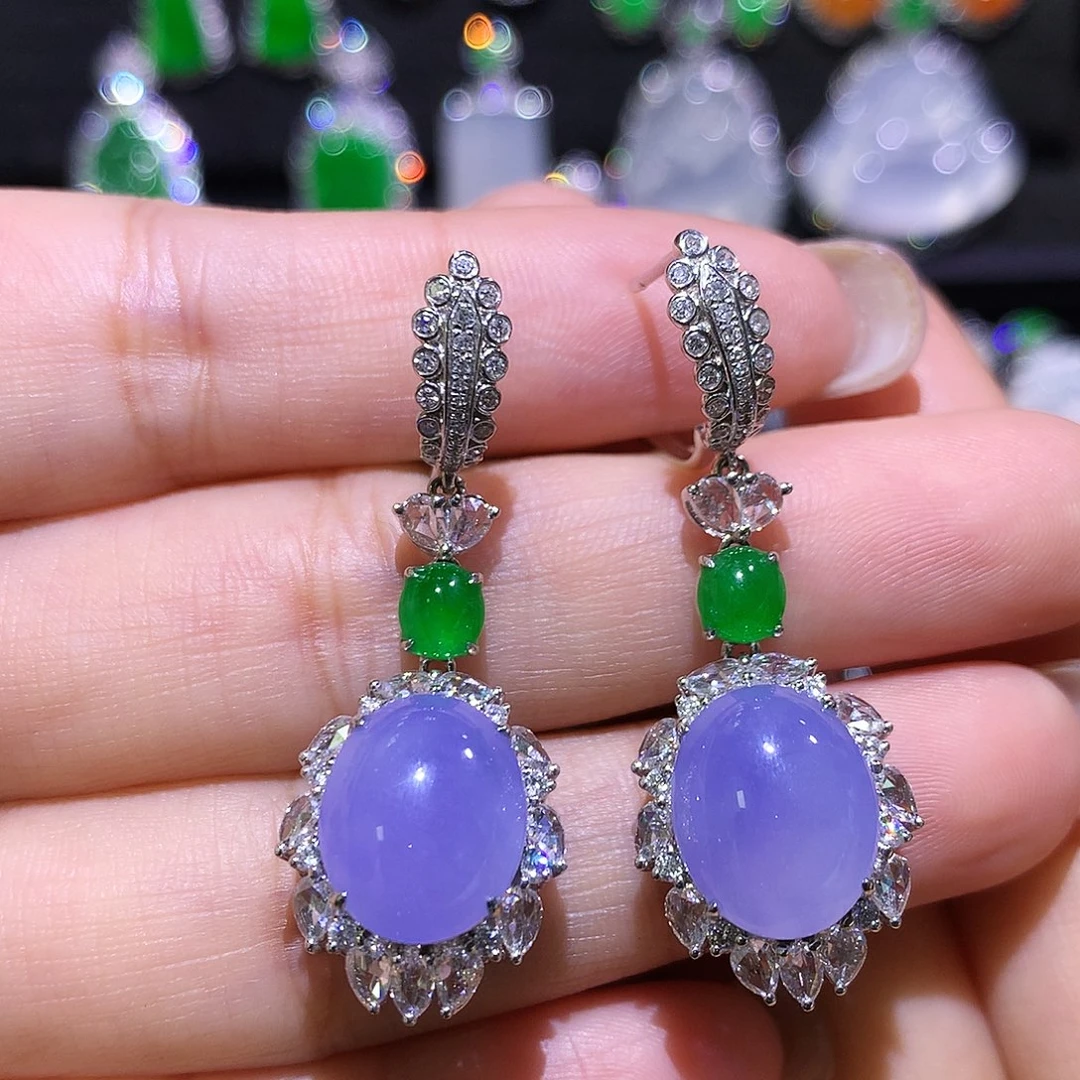 翡翠18K金镶嵌耳饰高冰紫罗兰