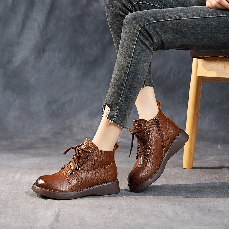 2024秋冬短靴头层牛皮马丁靴厚底小皮鞋真皮妈妈鞋复古中年靴子