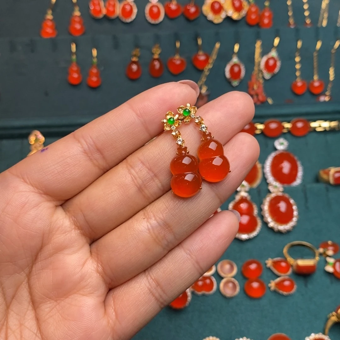 南红玛瑙18k耳钉18K金镶嵌断***叉