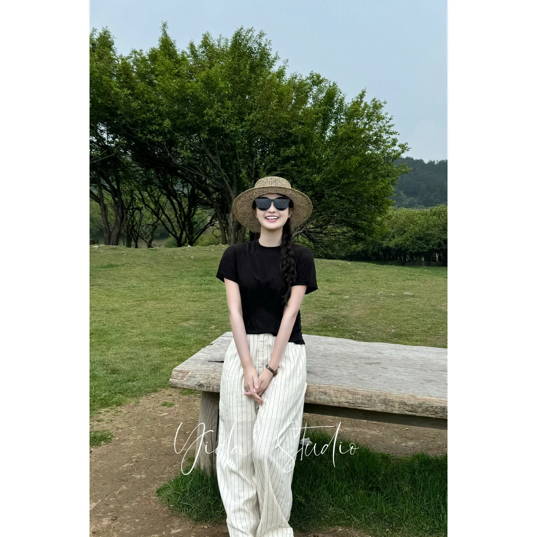 YIDA【素缕麻韵】简约半松紧条纹麻料休闲裤